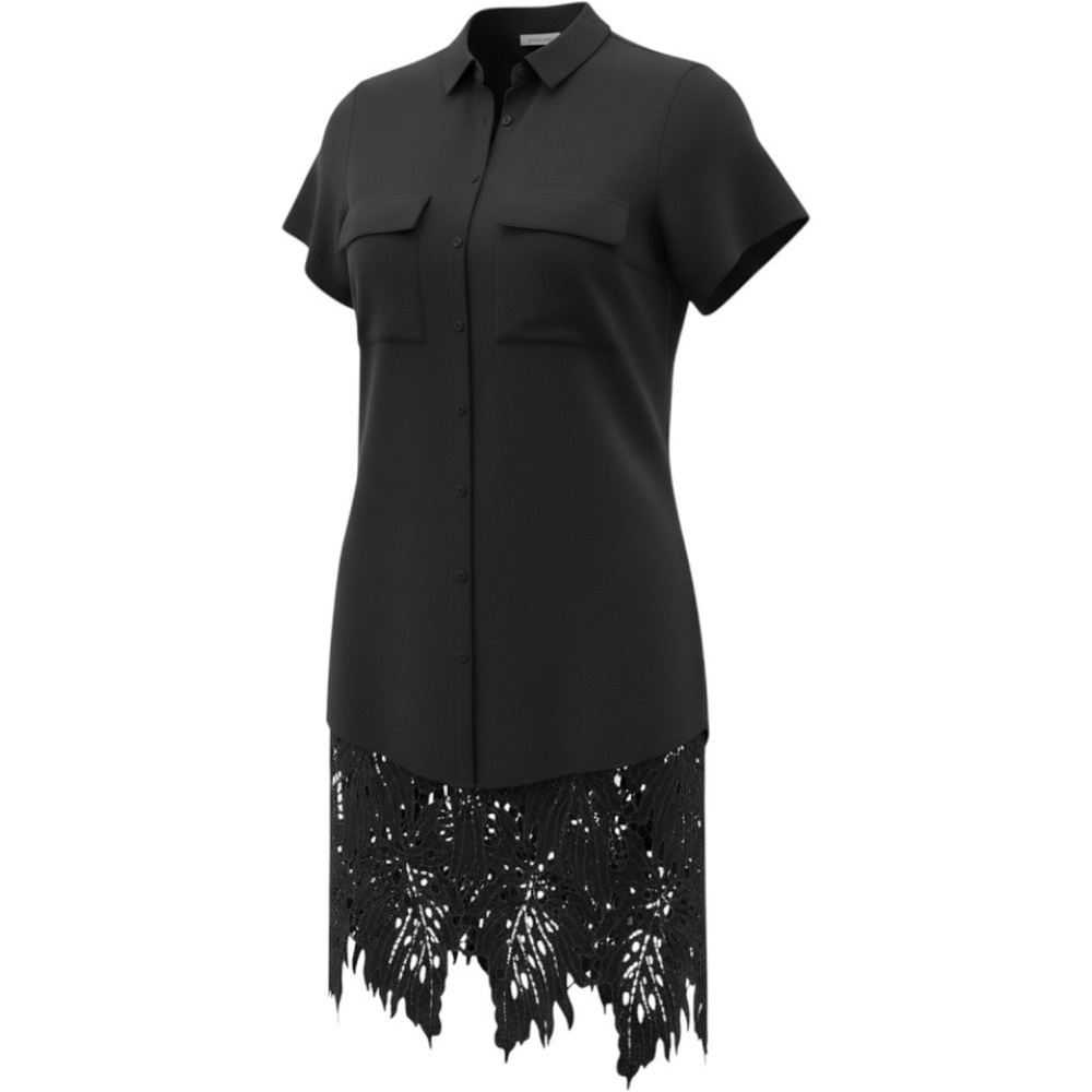 Ellazhu Avant-Garde Oversized Black Short Sleeve Back Lace Hem Shirt Dress OS
